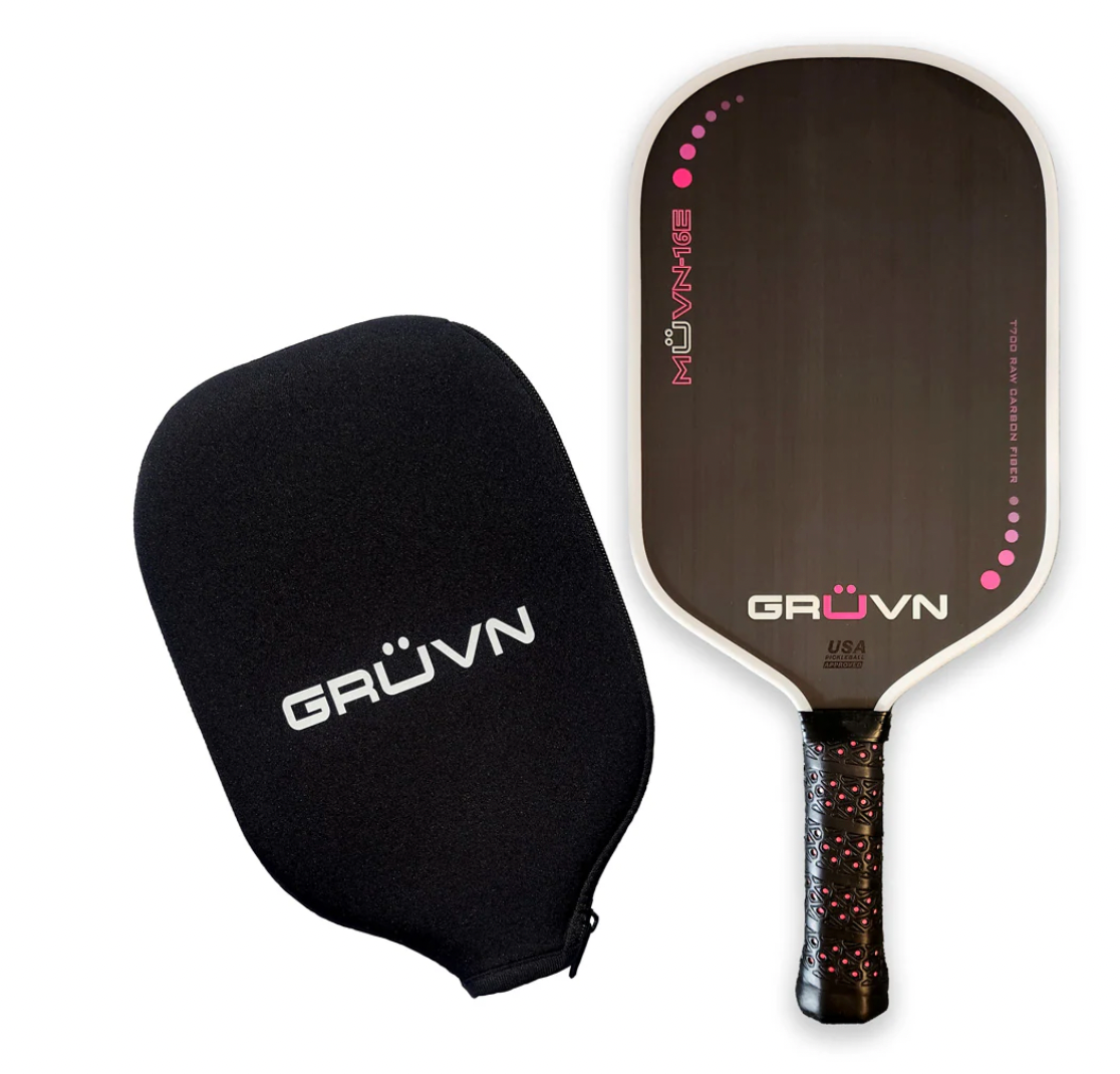 Gruvn MUVN-16E Pickleball Paddle - Pink with White Edge Guard (Raw Carbon Fiber)